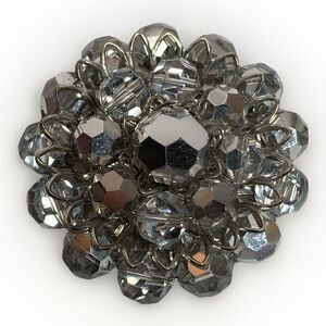 Vintage Brooch Chrome Silver Tone Clear Beads Round Domed MCM Costume Jewelry